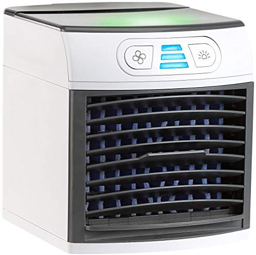 Sichler Haushaltsgeräte Tischluftkühler: 2in1-Tisch-Luftkühler und -Luftbefeuchter, Ultraschall-Vernebler, LEDs (Klimawürfel, Klimaanlage klein, Sprühventilator)