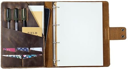 A4 Leder Portfolio Braun, 4 Ring Organizer Echtleder mit Gravur | Vollnarbenleder, 4-Ring Mechanik für A4 Einlagen, personalisierbar mit Gravur, praktische Fächer