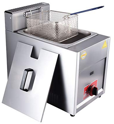 Poêle à Frire et Friteuse Au Gaz Butane et Propane, Cuve à Allumage par Impulsion Commerciale en Acier Inoxydable avec Panier et Couvercle Anti-éclaboussures