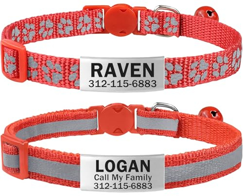 TagME 2er Pack Katzenhalsband mit Namen und Telefonnummer, Katzenhalsband mit Sicherheitsverschluss und glöckchen, 18-31 cm für Katzen, Rot