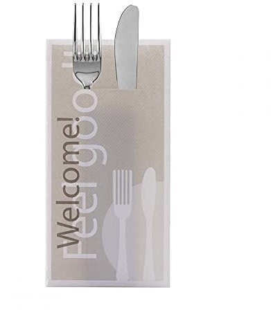 Sovie HORECA Besteckserviette Feel Good Grau, 40 x 40 cm, 1/8 Falz, 75 Stück – Linclass® Airlaid Bestecktasche und Welcome-Motiv für Gastronomie & Veranstaltungen