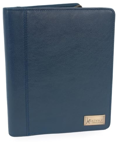 Catwalk Collection Handbags - Damen A5 Leder Notizbuchtasche - Schreibmappe mit Reißverschluss - Passend für Tablet und Notizbuch - Angela - Blau | Damen Konferenzmappe Reisedokumentenhalter Passend für Tablet, Reisepass und Visitenkarten Stifthalter Inklusive Notizblock