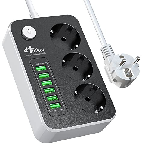 Hulker 3M-Steckdosenleiste mit USB, 3 Steckdosen mit 6 USB-Anschlüssen (5 V/3,4 A), Mehrfach-Steckdosenleiste mit Schalter, USB-Ladekabel, 3 Meter für Zuhause, Büro