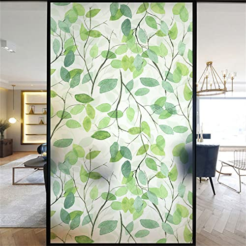 Blickdicht Sichtschutzfolie, Selbsthaftend Milchglasfolie Sonnenschutz Scheibenfolie, Fensterfolie statisch haftend Anti-UV, Für Zuhause Badzimmer Oder BüRo - Grüne Blätter(75cmx200cm)