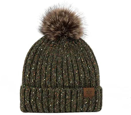 Damen Beanie Mütze Wollgemisch Weiche Gefütterte Unisex Wintermütze Strickmütze mit Bommel Slouch Strick Winter Bommelmütze (Grün)
