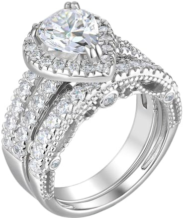 SweetJew Pear Drop Cut Wedding Rings Set Engagement Ring for Women 925 Sterling Silver Cubic Zirconia Size N