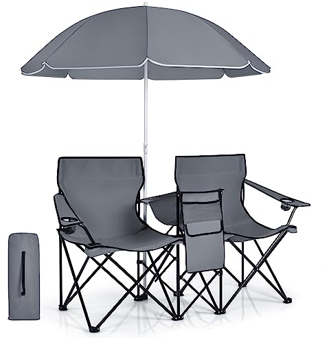 GIANTEX Juego de 2 Sillas de Camping Plegables con Sombrilla, Sillas de Pesca para 2 Plazas con Portavasos y Bolsa Nevera, para 2 Personas, con Bolsa de Transporte (Gris)