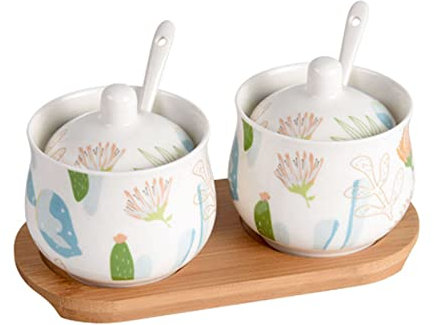 UNbit Azucarero De Cerámica con Tapa, Azucarero De Porcelana con Cuchara, Salero Pequeño, Tarro De Almacenamiento, for Barra De Café, Juego De Restaurante-Blanco-2 (Color : Flower, Size : 2 Set)