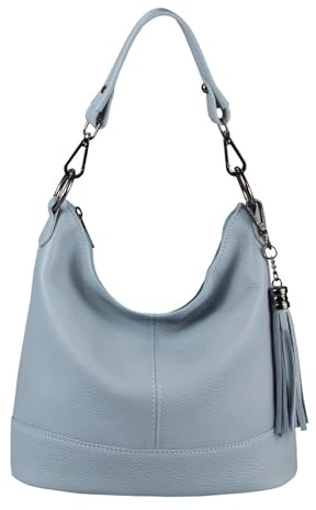 OBC Made in Italy Damen Leder Tasche Umhängetasche Shopper Schultertasche Handtasche Crossbody Hobo Bag Crossover Ledertasche Damentasche Fransen Hellblau