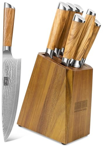HOSHANHO Bloc de Couteaux de Cuisine Damas, 7 pièces de Couteaux de Cuisine Damas avec Aiguiseur, Professionnel Japonais Couteau de Chef Set