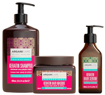 ARGANICARE | Champú + Máscara + Suero Queratina | Regenera intensamente el Cabello | Previene & Trata las puntas abiertas | Cabello suave y brillante | Fabricado en Francia | 400 ml + 500 ml + 100 ml