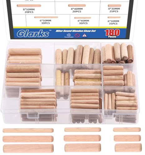 Glarks 200Pcs 1/4 5/16 3/8 Wooden Dowel Pins Set, 9 Sizes Straight Dowel Rods Fluted Wood Dowel Plugs with Beveled Ends Tapered for Crafts, Furniture, DIY Manual