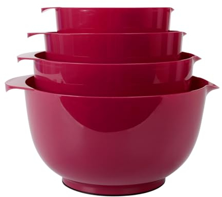 BoxedHome Dunkelgelbes Rührschüssel-Set aus Kunststoff mit Ausgießer, mikrowellen- und spülmaschinenfest, BPA-freier, rutschfester Boden, 4 Stück, Größe 1,7, 2,5, 3,5 und 4,5 qt, ideal zum