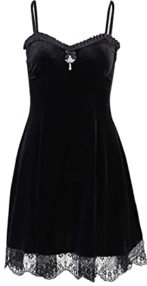 XKBHYD Womens Gothic Velvet Dress Punk Grunge Camisole Dress Moon Emo Sleeveless Halter Midi Dresses Lolita Fairy Dress