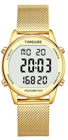 TIMEURE Women's Step Counter Watch with Stainless Steel Bracelet, Stylish Design, No App, No Charging Needed for Step, Calorie, Distance, Alarm, Countdown Timer，TU-2401(Gold)