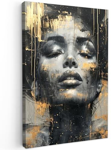 MuchoWow© Leinwand Groß XXL Deko Schlafzimmer Aesthetic Leinwandbilder | 80x120 cm - Wohnzimmer Gemälde Foto Geschenk Living Room Decoration Frau - Kunst - Gold - Abstrakt - Glamour