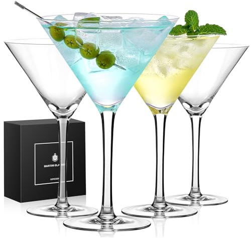 Qipecedm Martini Glasses Set of 4, 9 oz Crystal Cocktail Glasses, Hand Blown Crystal Martini Glasses for Espresso Martini, Cosmopolitan, Gimlet, Home Bar, Party, Martini Glassware Gift Set (Stem)