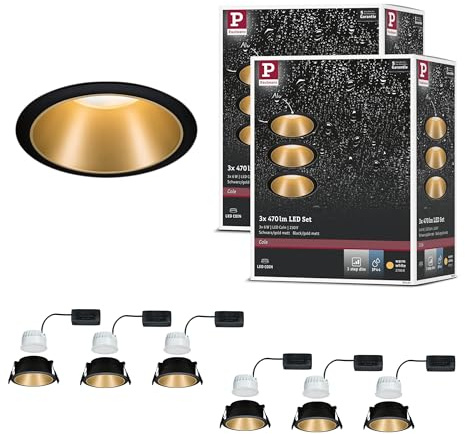 Paulmann 5236 LED Einbauleuchte 3-Step-Dim Cole Coin 6er-Set IP44 rund 88 mm Coin 6x6W 6x470lm 230V dimmbar 2700K Schwarz, Gold matt