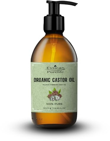 Essican Purelife Castor Oil Organic Hexane Free Glass Bottle with Pump 500ml (Pack of 1)- Pure Organic Castor Oil Cold Pressed Natural for Healthy Skin Face Body Eyelashes Brow Hair Growth Vitamin E