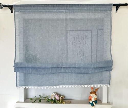 Vordesack Leinenoptik Raffrollo mit Floral-Kante Unifarbige Raffgardine mit Stangendurchzug Landhausstil Wohnzimmer halbtransparent Gardinenschal Küche Raffgardine 1 Stück Blau HxB 140x90cm