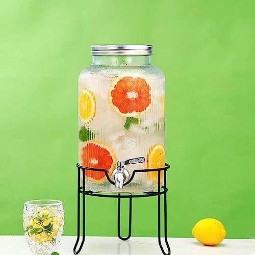 SFSLBFB Getränkespender aus Glas, runder Getränkespender, Eisgetränkespender, mit Edelstahlzapfhahn und Metallständer, 5,5-l-Getränkespender für Partys, Wasserspender A