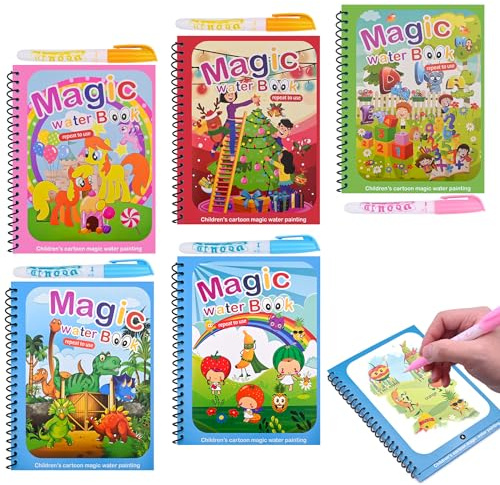 Damcyer 5 Stück Wassermalbuch mit 5 Wasserstifte, Magic Water Colouring Book, Magisches Malbücher Wasser Malbuch für 3 4 5+ Jahre alte Malbuch Wasser Jahren zum Zeichnen, Weihnachtsthema