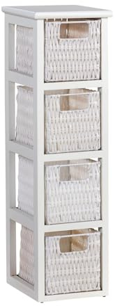 Home Source Bathroom Chest of Drawers, 4 White PE Rattan Storage Baskets, Painted Wooden Frame, 67cm