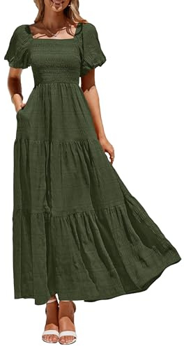 PRETTYGARDEN Womens Summer Puff Short Sleeve Maxi Dress Square Neck Smocked Tiered Ruffle A Line Long Flowy Beach Dresses (Army Green,Large)