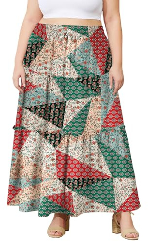 Moon Wood Falda Boho Larga Mujer Elástica Cintura Alta Falda de Capas Maxi A Línea de Verano con Bolsillos Tallas Grandes Estampado 04 3XL