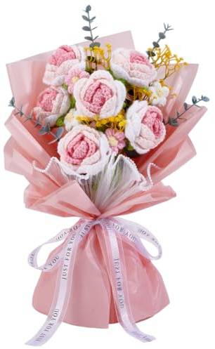 INFUNLY Gehäkelter Blumenstrauß Rosa Farbverlaufende Rosen Gehäkelte Blumen Gestrickte Blumensträuße Künstliche Blumen Fertig Für Frauen Mädchen Muttertag Geburtstag Hochzeit Abschlussfeier Geschenke