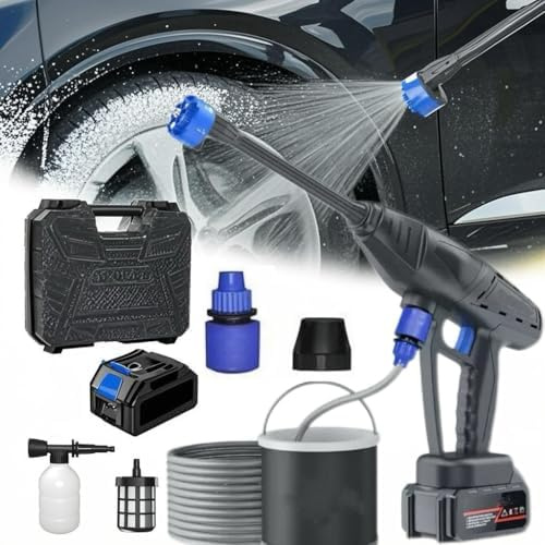 Idropulitrice a Batteria, Max 65 Bar 960PSI Idropulitrice Portatile con 6 In 1 Ugello, Tubo da 5M, Serbatoio in Schiuma, Lavatrice Senza Fili per Auto, Finestre, Prati, Giardini,Domestici (Nero)