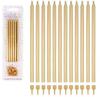 Henbrandt Pack of 12 Tall Gold Party Candles with 12 Candle Holders, 12.5cm Metallic Tall and Thin Celebration Candles for Birthday Cakes Wedding Parties Baby Shower and Anniversary Decorations