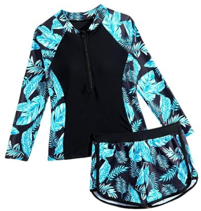Generisch 2025 - Traje de baño de manga larga para niñas con pantalones cortos Sun UPF 50+ para niños, piscina, playa, verano, juego acuático, talla 140, azul marino, 11-12 años