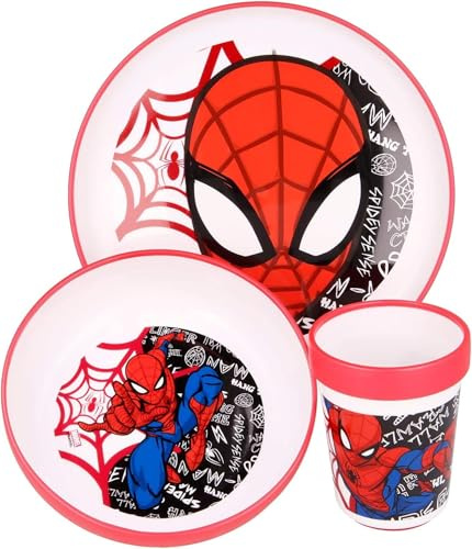 Kindergeschirr-Set zweifarbig – 3-teiliges Kindergeschirr-Set – Teller, Müslischale und Trinkbecher für Kleinkinder – Babygeschirr mit rutschfester Unterseite – BPA-frei (Spiderman)