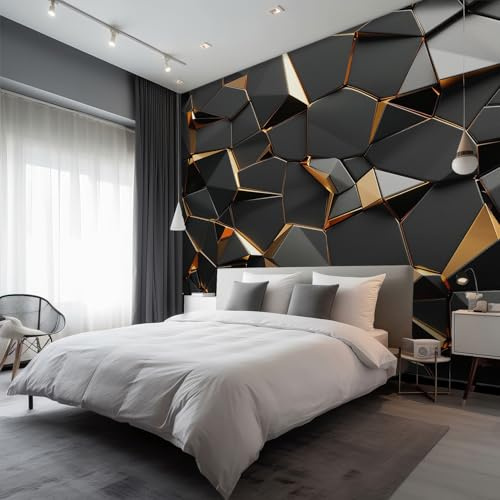 Generisch Tapete Geometrisch Schwarz Gold, Fototapete Moderne 3D, Vliestapete für Schlafzimmer Wohnzimmer Kinderzimmer, Tapeten Moderne Wandtapete, Wandverkleidung 350x256 cm D&O10