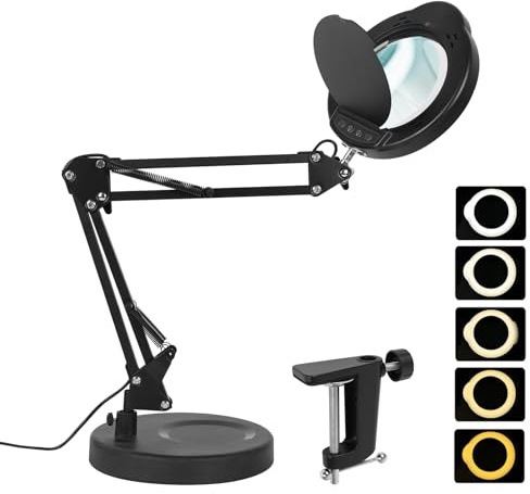 15X Lupe mit Licht, 5 Farbmodi & 9 Helligkeitsstufen Dimmbar Lupenleuchte, Lupenlampe mit Klemme und Ständer, LED Beleuchtete Lupe Schreibtischlampe, Hände Frei für Arbeit Lesen Basteln Hobby