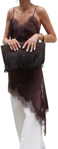 Betrodi Womens Lace Trim Asymmetrical Top Y2k Silk Satin Irregular Hem Cami Vest Top V Neck Patchwork Coquette Going Out Tops (Fashion Brown,Small)