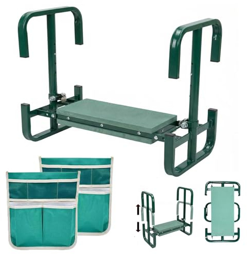 RIRIDAMAI Gartenhocker Kniebank Klappbar, Höhenverstellbare Kniehocker 60x52x27cm mit Aufstehhilfe, 2 Werkzeugtasche, Eva Schaummatte, Kniebank für Gartenarbeit, Camping, Angeln, Garten