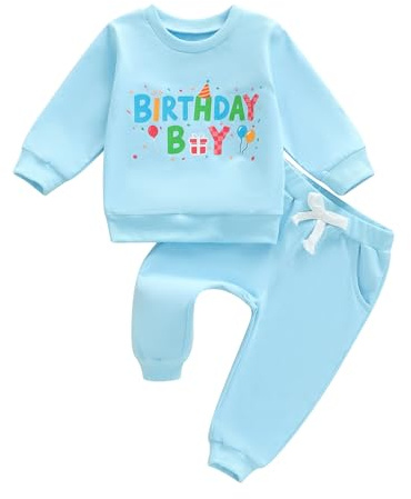 MAHUAOYIXI Toddler Baby Boy Birthday Outfit Long Sleeve Letter Balloon Print Sweatshirt Pullover Tops and Elastic Waist Pants Solid Joggers 2Pcs Tracksuit Kids Boys Birthday Clothes (Blue, 3-4 Years)