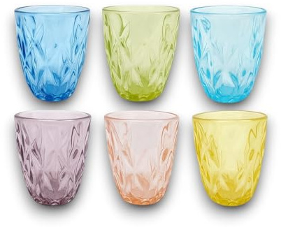 KORAT Set di 6 Bicchieri Colorati in Vetro Modello Diamante 250 ml Bicchieri Acqua, Succhi e Cocktails Design Elegante e Resistente, Effetto Cristallo, Multicolore 10x8x8 cm, Lavabili in Lavastoviglie