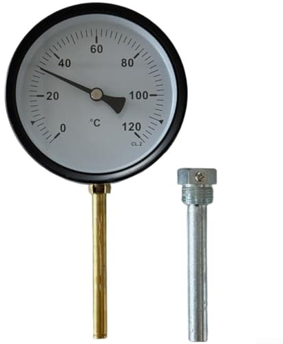 Bimetallthermometer mit 100 mm Zifferblatt, 0 bis 120 Grad Celsius, mit Edelstahl und Messing für Tauchhülse, 30,5 cm, für Heizung, Kessel und Outdoor-Kochgeräte