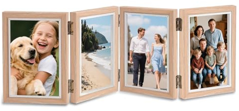 Fgdui Bilderrahmen 4 Bilder, 10x15cm Fotorahmen für Mehrere Fotos, Holzbilderrahmen Aufklappbar, für Büro Familie Schreibtisch Geschenk für Geburtstag Hochzeit
