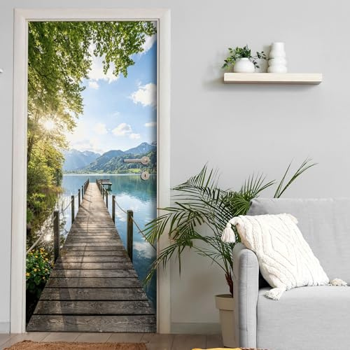 Türtapete selbstklebend blasenfrei | 200 x 90 cm Holzsteg am See | Tür Aufkleber Türfolie | Einteilig | Wasserfest 3D Türaufkleber Klebefolie Türposter Möbelfolie