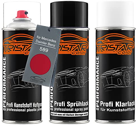 TRISTARcolor Autolack Spray Set Kunststoff für Mercedes 589 Jupiterrot | für Mercedes / Daimler Benz, Jupiter Red, Sprühdosen-Set für Stoßstange/Plastik, Kunststoff-Haftgrund + Basislack + Klarlack