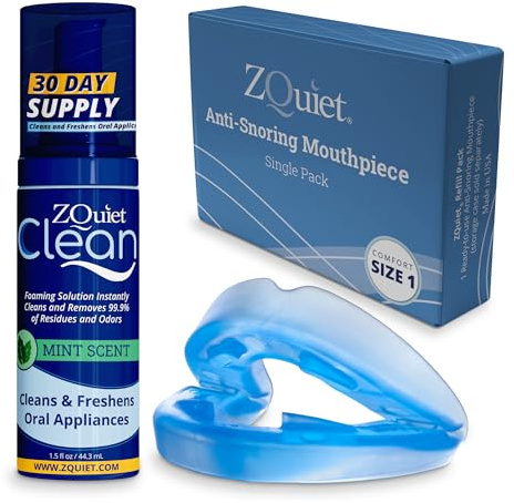 ZQuiet Anti-Snoring Mouthpiece Solution - Comfort Size #1 (Single Device) + Cleaner (1.5oz Bottle) - Made in USA Snoring Solution for a Better Night’s Sleep (Blue)