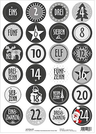 5er Pack Aufkleber Adventskalenderzahlen Schwarz/Weiß 1-24 auf Bogen rund, Ø 40 mm (5 x 24 Zahlen)