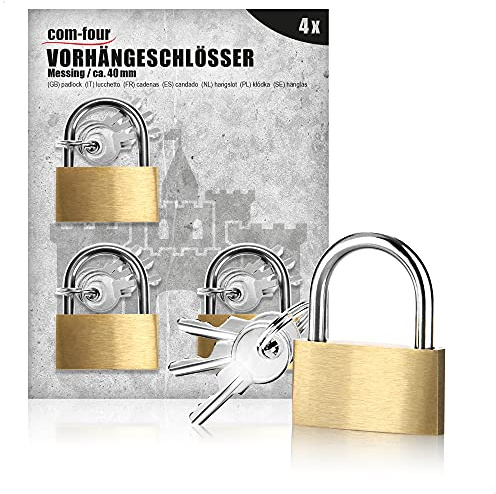 com-four® 4x Vorhängeschloss aus Messing, Vorhangschloss mit 3 Schlüssel | Sicherheitsschloss für Haushalt - Freizeit - Arbeit