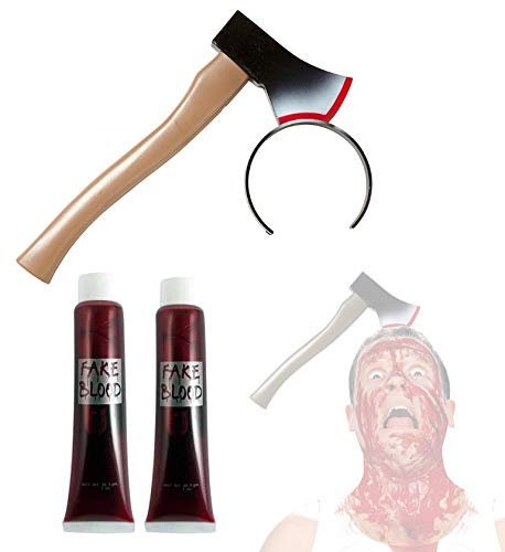 Mega_JumbleSale® Fake Axe Hatchet in Head & x2 Tubes of Fake Blood, Perfect for Carnival, Halloween Fancy Dress, Adult Halloween Horror Headband