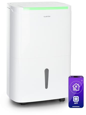 Klarstein DryFy Connect 50L Deshumidificador Inteligente, 50L/24h, Wi-Fi App Control, Depósito 7L, Temporizador 24h, Desagüe Continuo, Portátil para Hogar, Cocina, Baño, Habitaciones 45-55m², Blanco