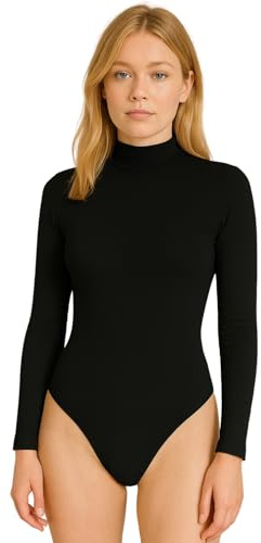 STAR FASHION Womens Turtle Neck Bodysuit Long Sleeve Polo Neck Jersey Leotard Top Stretchy Viscose High Neck Swimsuit Style Black-8-10